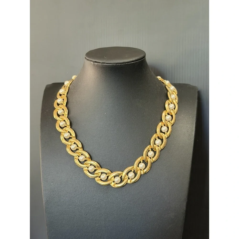 Vintage Gold Tone Imitation Caged Pearl Link Necklace Chunky Collar Necklace